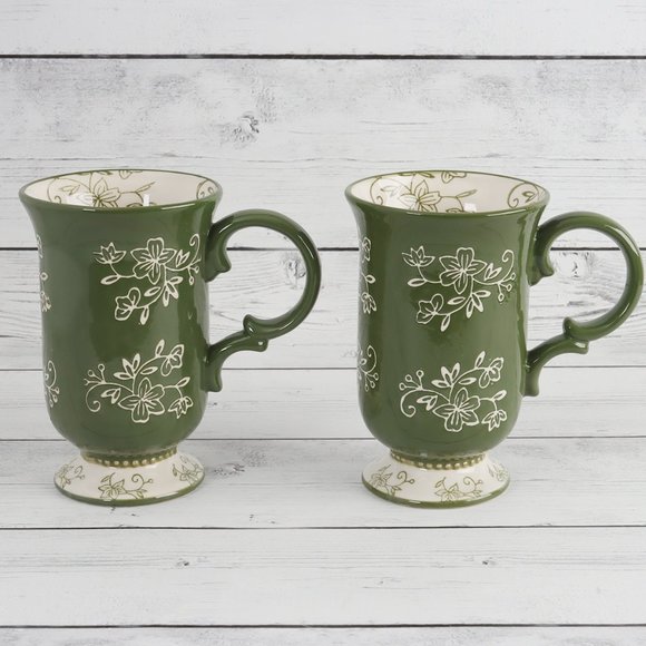 Floral Lace Green Tall Pedestal Mugs by Temp-Tations - Set of Two - Picture 5 of 11